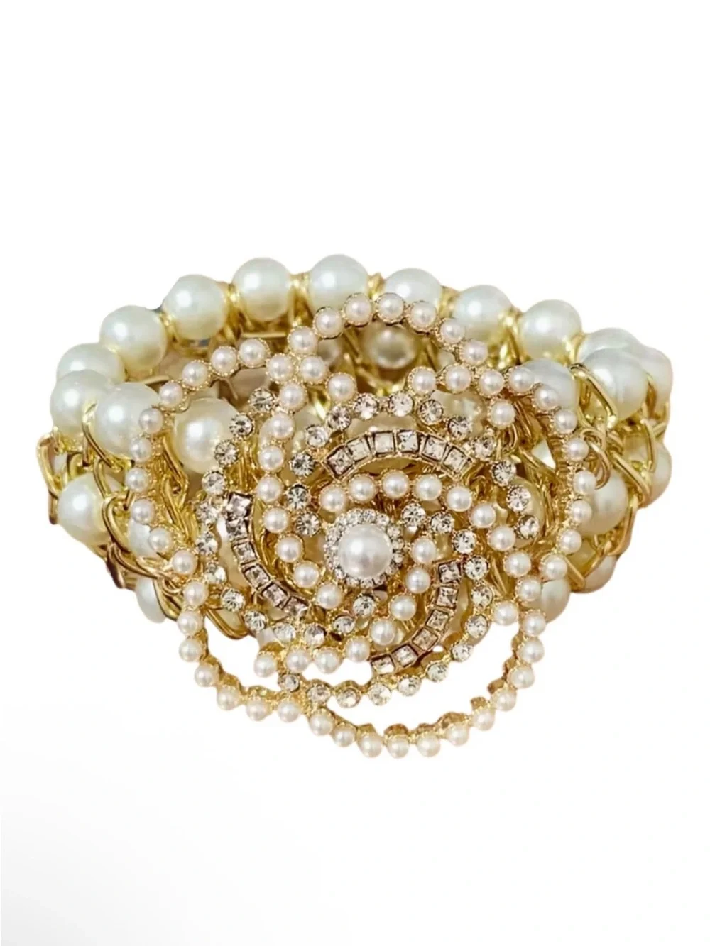 Gold Pearl & Crystal Floral Statement Bracelet